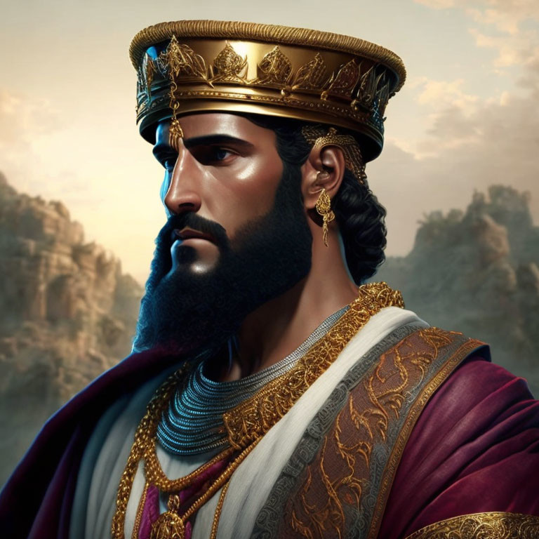 Noble bearded man portrait with golden crown and royal attire against dramatic sky