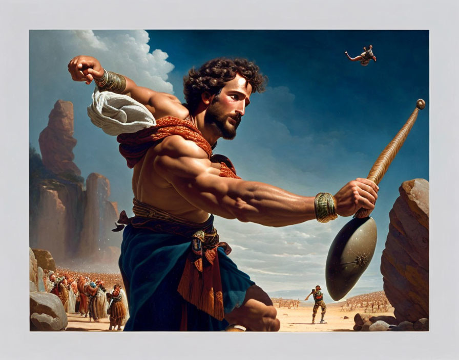 Muscular man in ancient attire wielding a sling in desert landscape