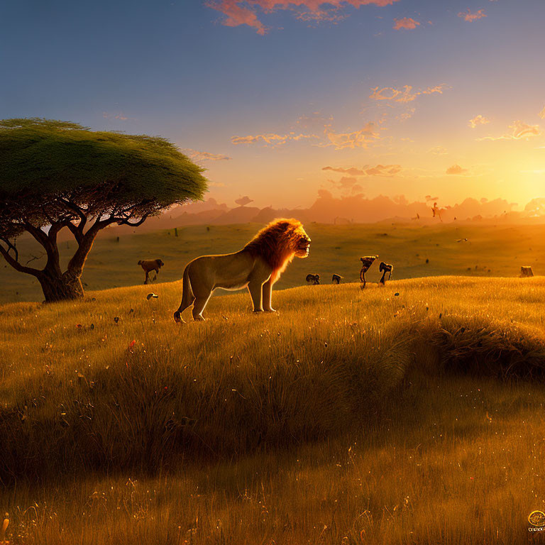 Majestic lion in golden savannah with lone tree and wildlife