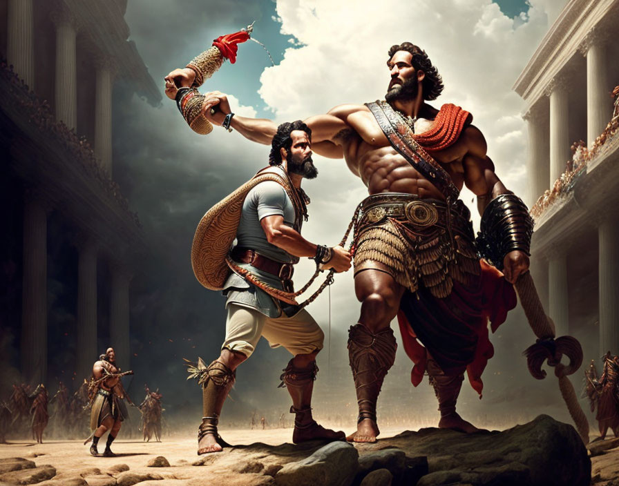 Muscular warriors in ancient attire on battlefield with classical architecture.