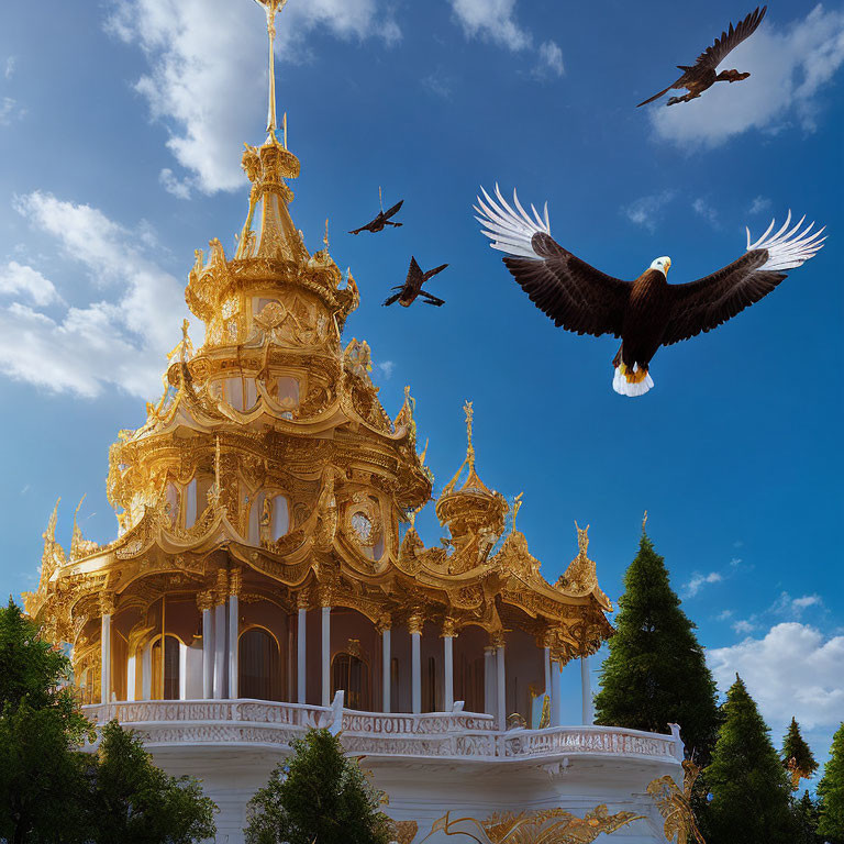 Intricate Golden Pagoda Carvings Under Blue Sky