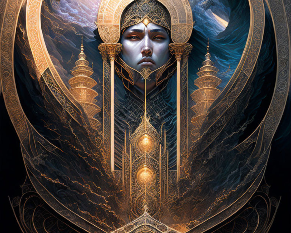 Mystical artwork with figure in golden headgear and towers against dark mountains