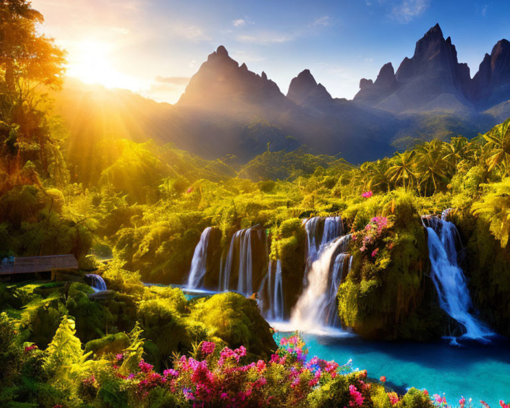 Scenic sunrise over lush valley with waterfalls and turquoise pool