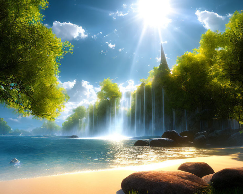 Tranquil beach scene with waterfall, golden sand, and green foliage