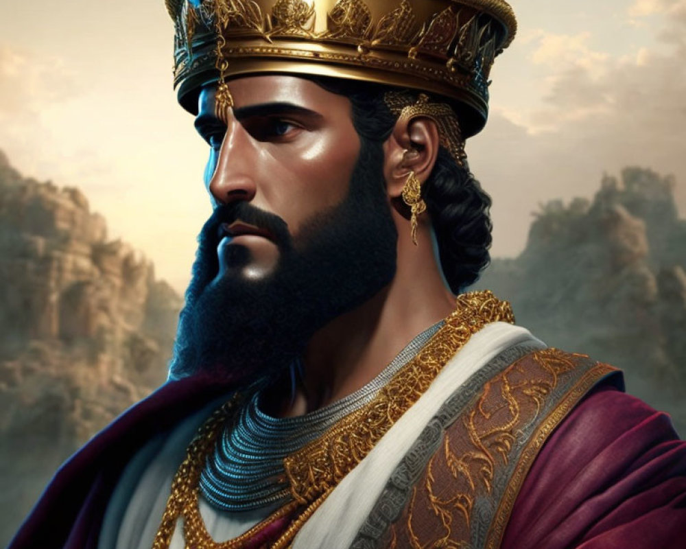 Noble bearded man portrait with golden crown and royal attire against dramatic sky