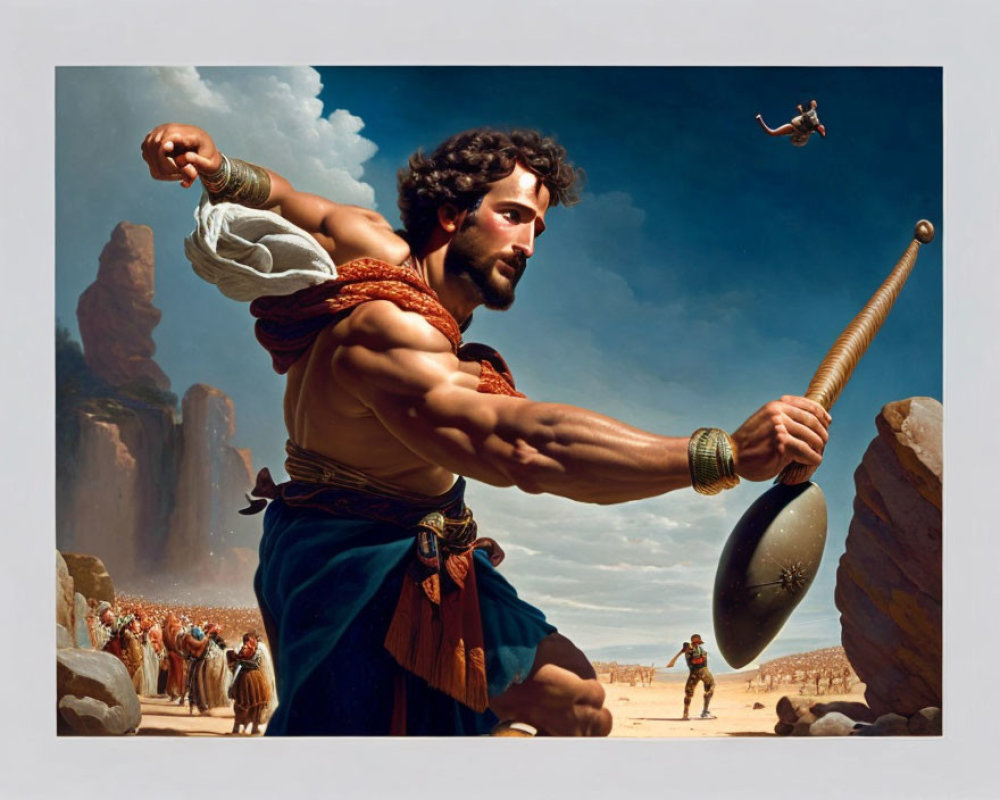 Muscular man in ancient attire wielding a sling in desert landscape