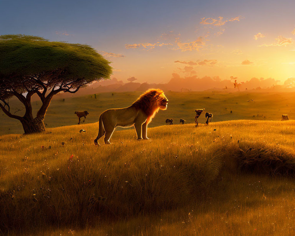 Majestic lion in golden savannah with lone tree and wildlife