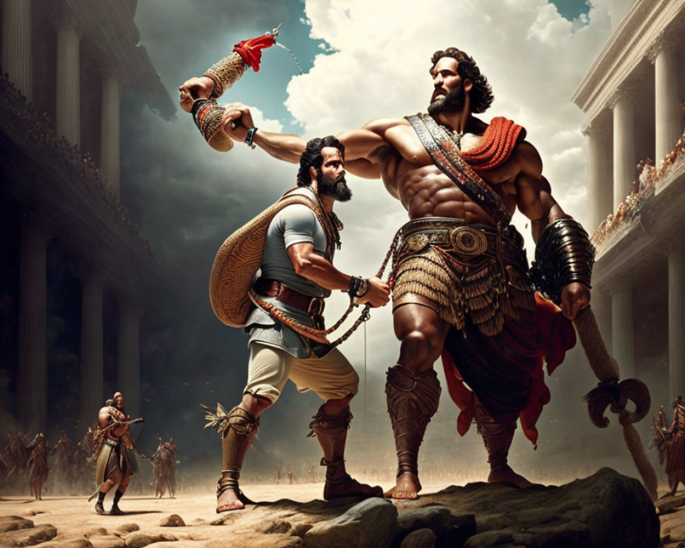 Muscular warriors in ancient attire on battlefield with classical architecture.