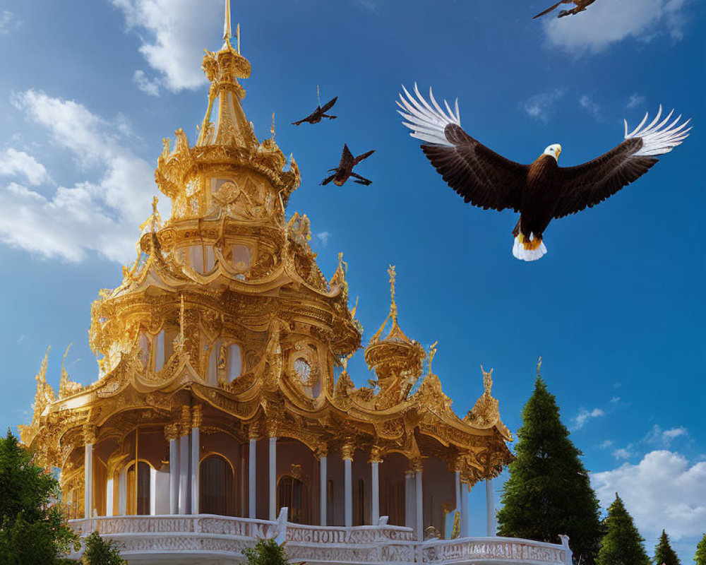 Intricate Golden Pagoda Carvings Under Blue Sky