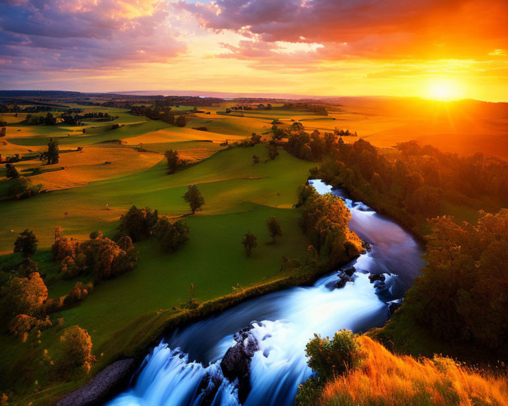 Majestic waterfall in lush green landscape at vibrant sunset