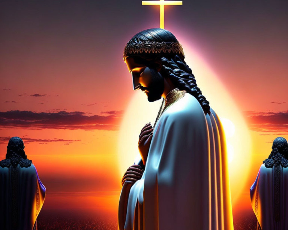 Religious illustration: central figure in prayer under cross, surrounded by silhouettes at sunset