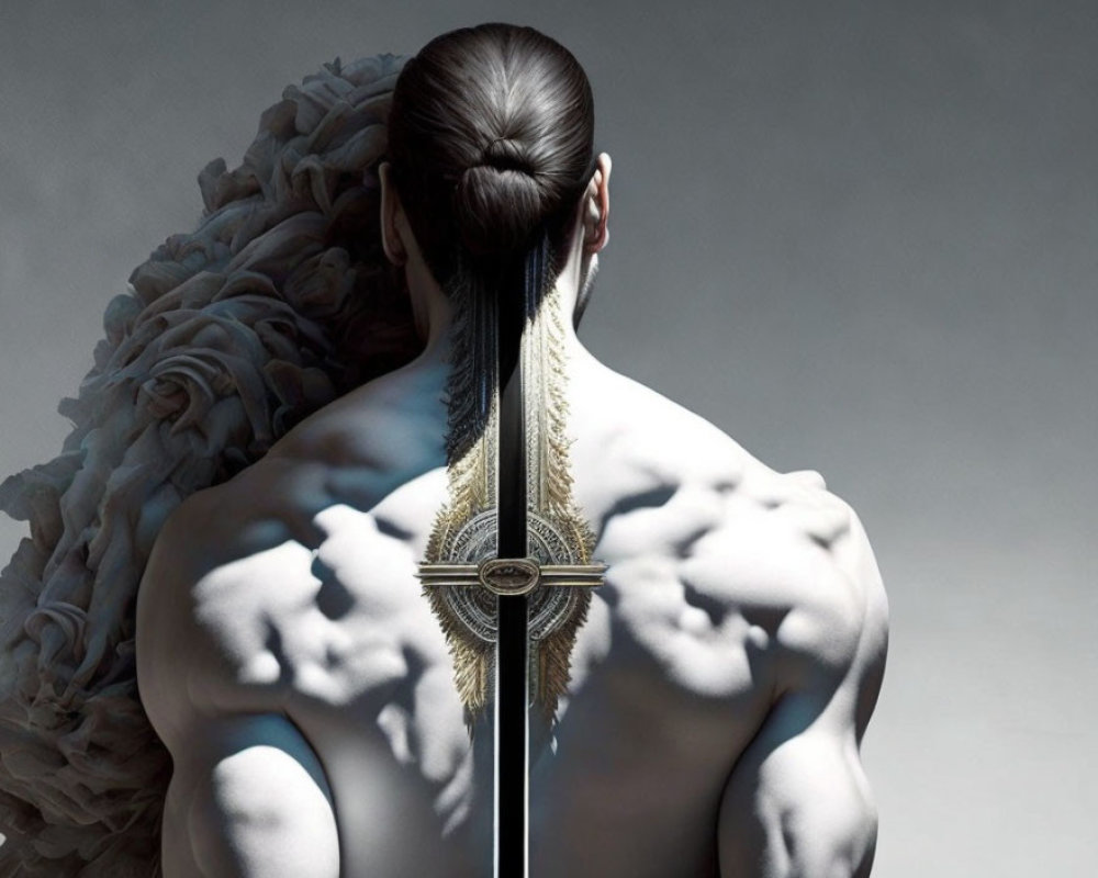 Muscular figure with sword on spine, bun hair, grey background