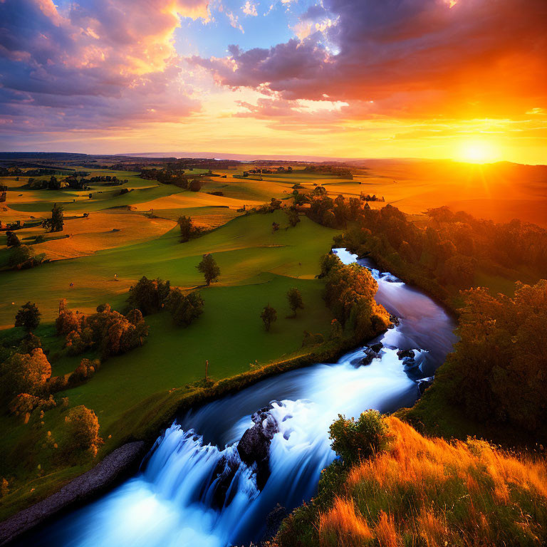 Majestic waterfall in lush green landscape at vibrant sunset