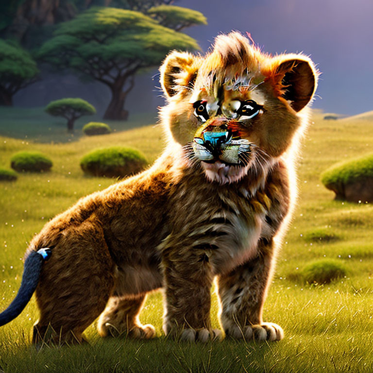 Illustrated lion cub with vibrant facial markings in sunlit savanna