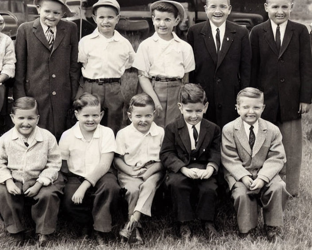 Eight Vintage-Dressed Boys Smiling on Grass