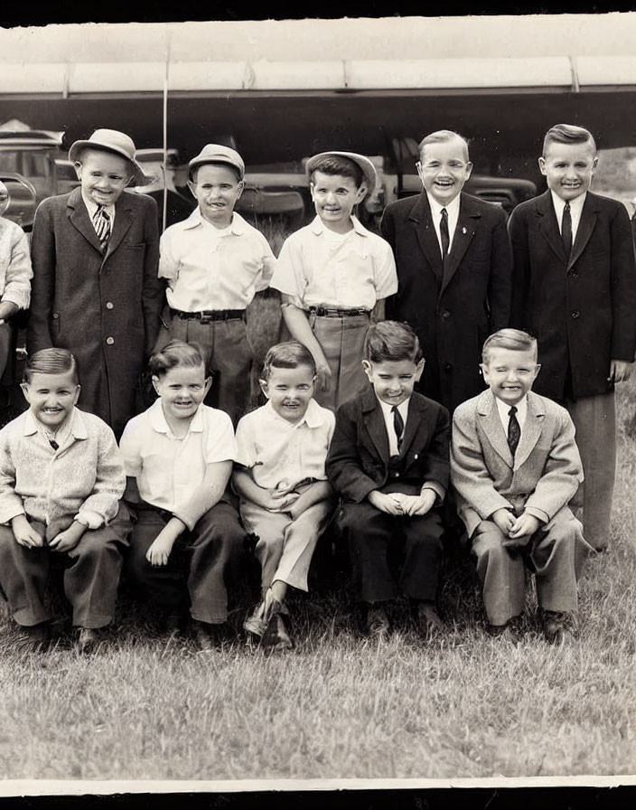 Eight Vintage-Dressed Boys Smiling on Grass