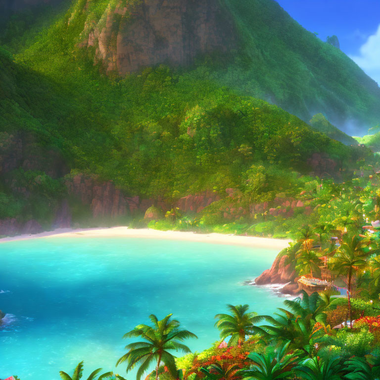 Tropical Beach with Blue Waters, Greenery, and Cliffs