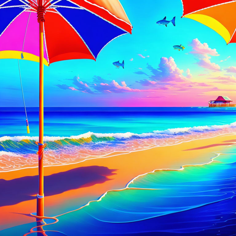 Vibrant Beach Scene with Colorful Umbrellas and Sunset Sky