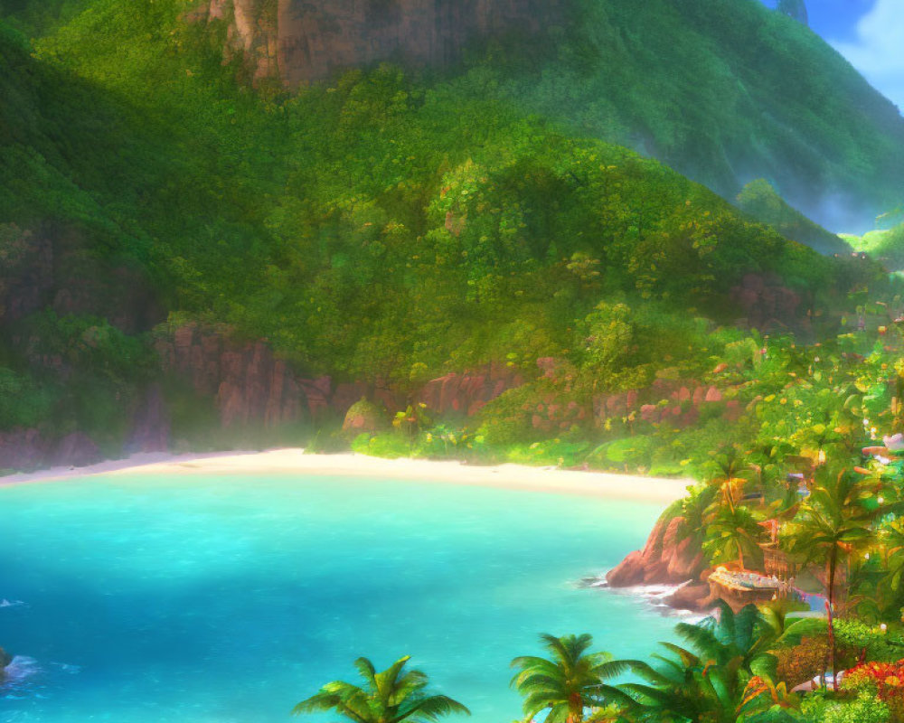 Tropical Beach with Blue Waters, Greenery, and Cliffs