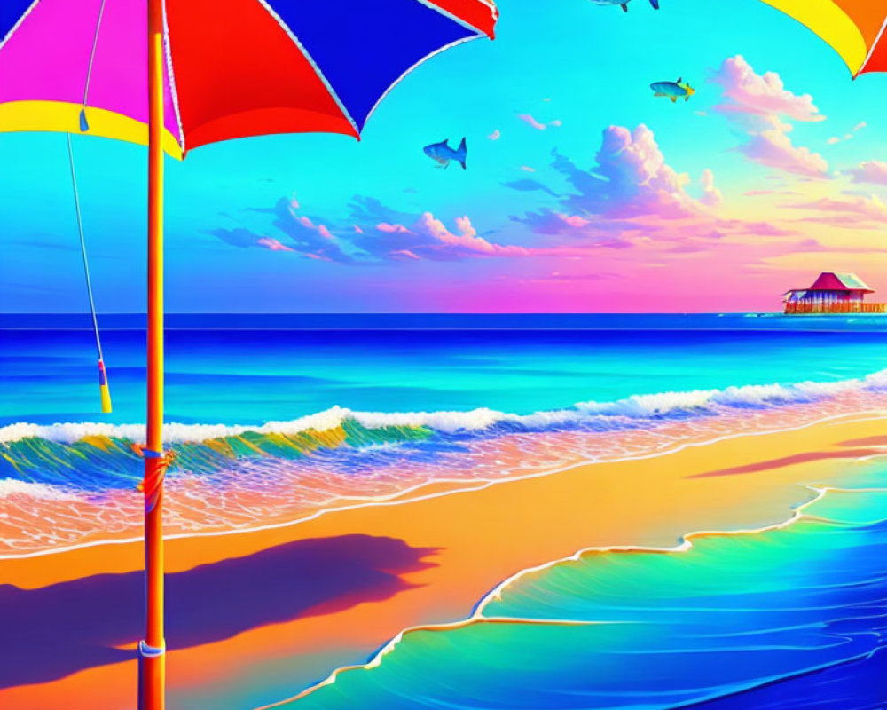 Vibrant Beach Scene with Colorful Umbrellas and Sunset Sky