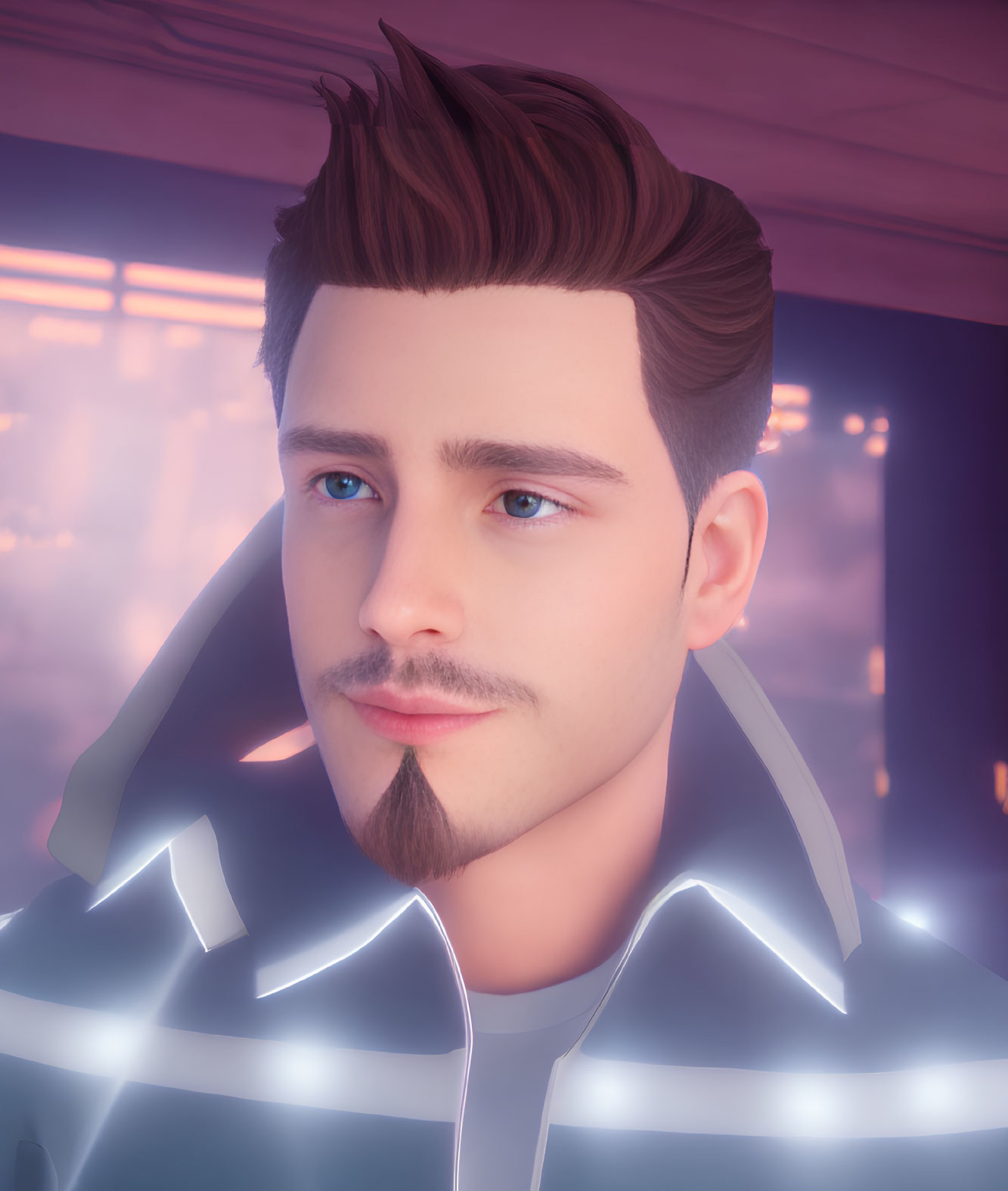 Male character with styled hair, goatee, blue eyes, futuristic jacket in neon-lit scene