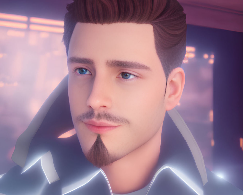 Male character with styled hair, goatee, blue eyes, futuristic jacket in neon-lit scene