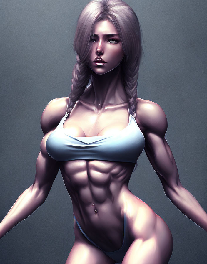 Muscular woman with braided hair in blue crop top on grey background