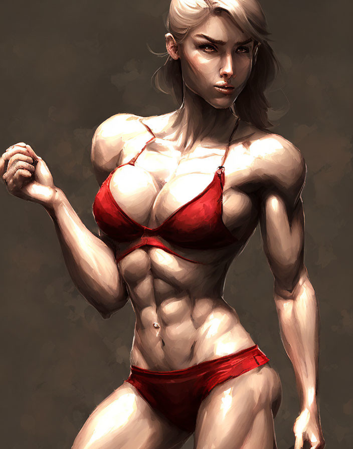 Muscular Woman in Red Bikini with Determined Expression