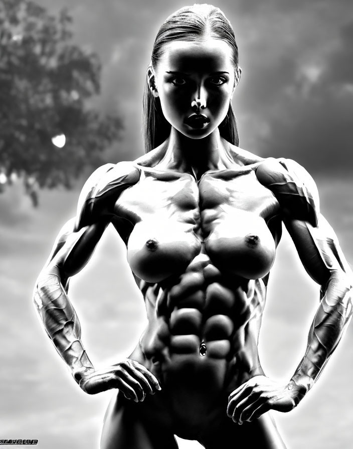 Monochrome image of muscular woman posing against dramatic sky