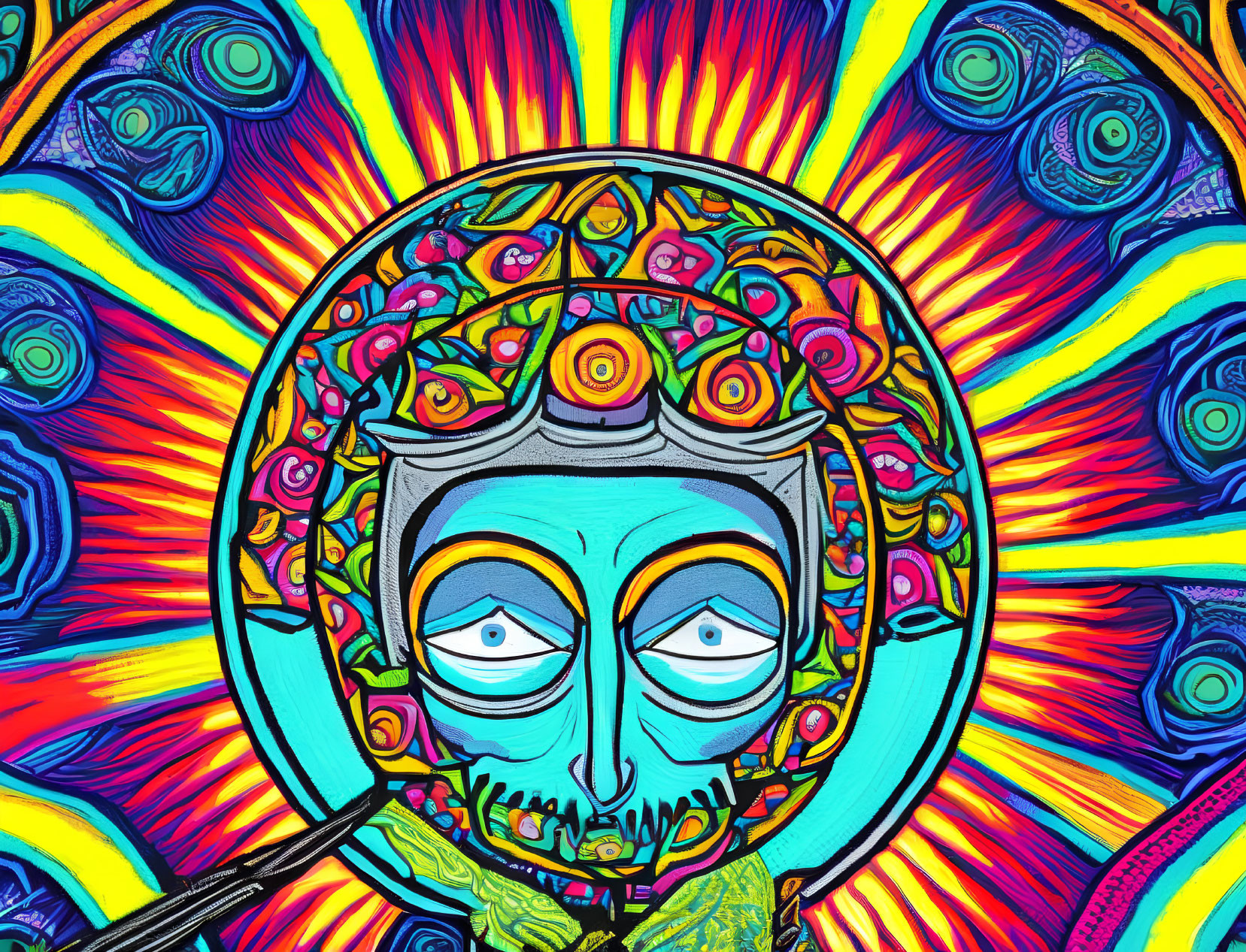 Colorful Psychedelic Artwork: Blue-Faced Figure with Intricate Patterns