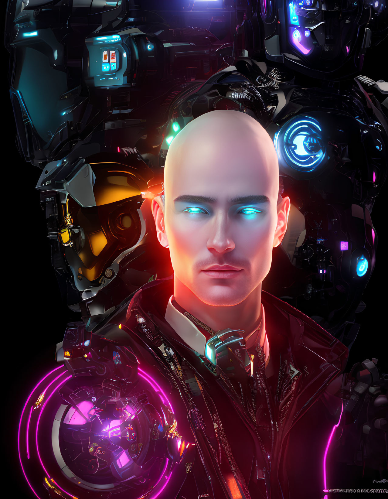 Futuristic image of person with glowing translucent head amid mechanical structures