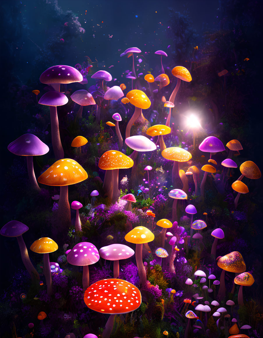 Mystical night forest with glowing mushrooms