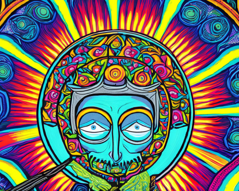 Colorful Psychedelic Artwork: Blue-Faced Figure with Intricate Patterns