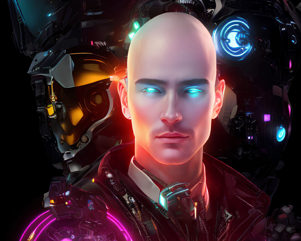 Futuristic image of person with glowing translucent head amid mechanical structures