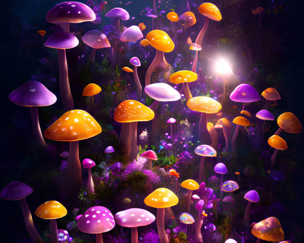 Mystical night forest with glowing mushrooms