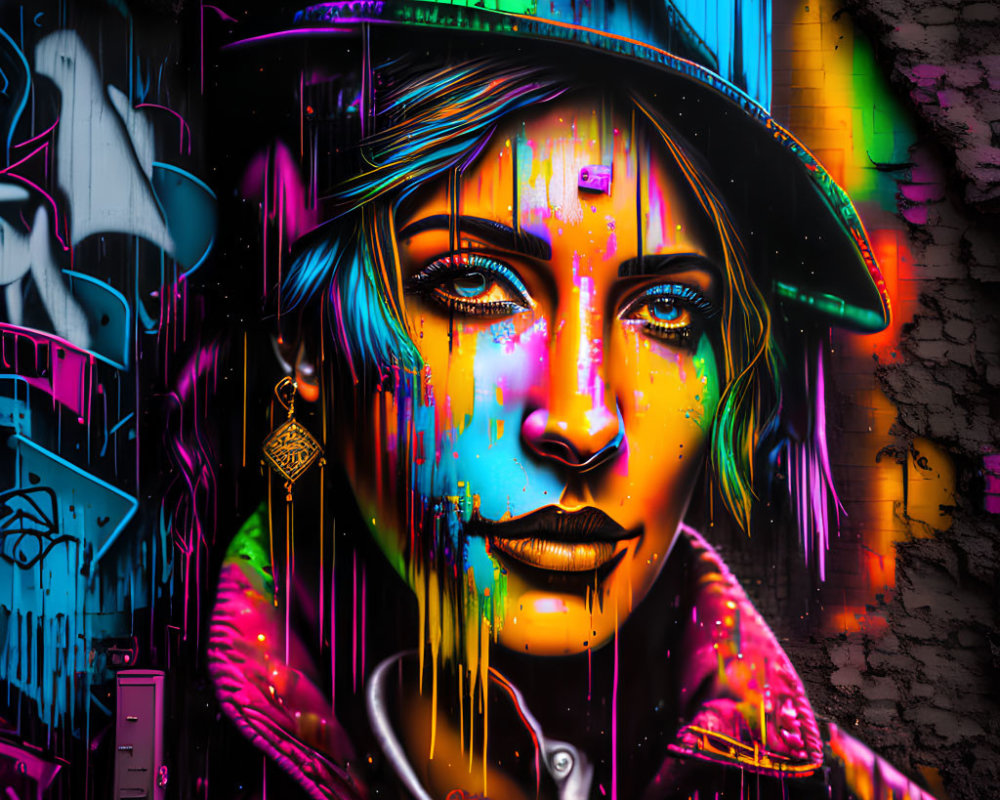 Colorful Street Art Mural of Woman with Hat on Textured Wall