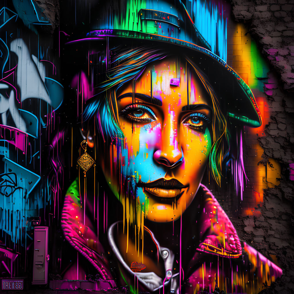 Colorful Street Art Mural of Woman with Hat on Textured Wall