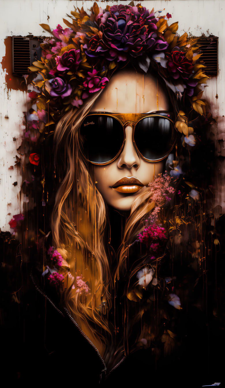 Artistic Image of Woman with Sunglasses and Floral Crown in Dark Tones