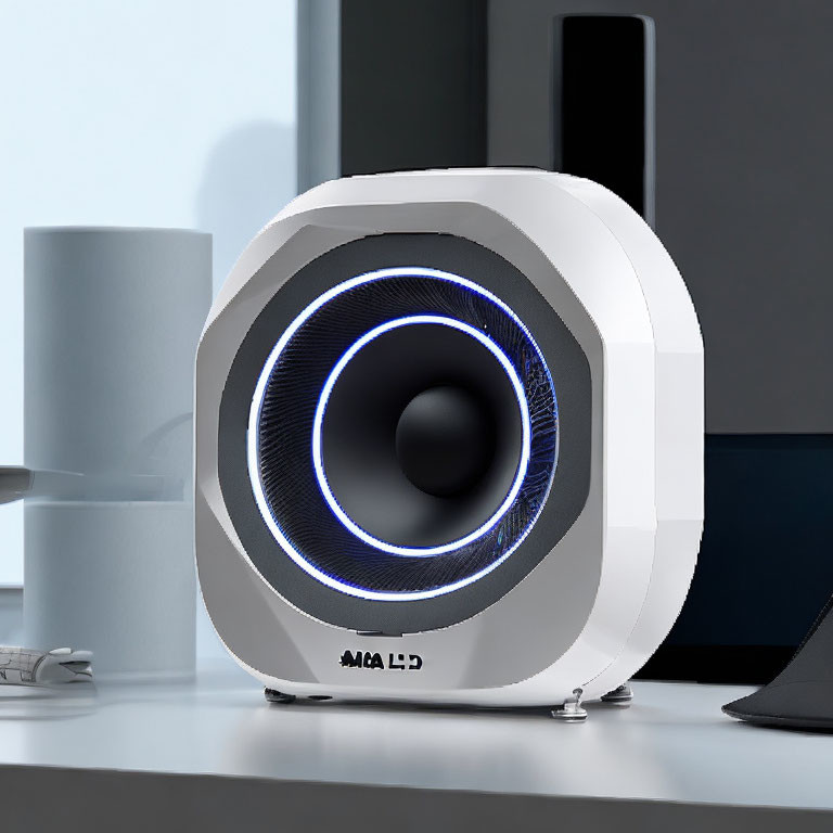 White Subwoofer with Blue Glowing Ring on Desk with Computer Peripherals