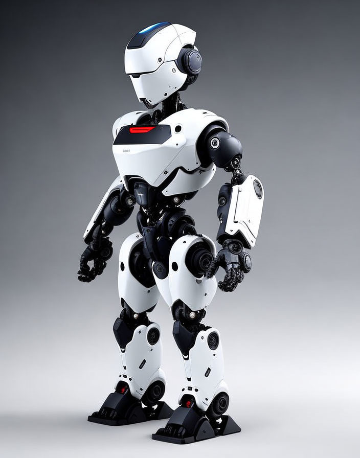 Sleek White and Black Humanoid Robot with Articulated Joints and Visor