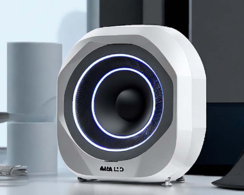 White Subwoofer with Blue Glowing Ring on Desk with Computer Peripherals