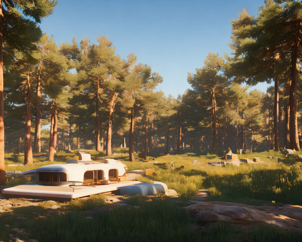 Vintage trailers in sunny forest clearing with tall pine trees - serene camping scene