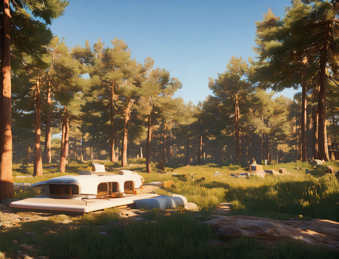 Vintage trailers in sunny forest clearing with tall pine trees - serene camping scene