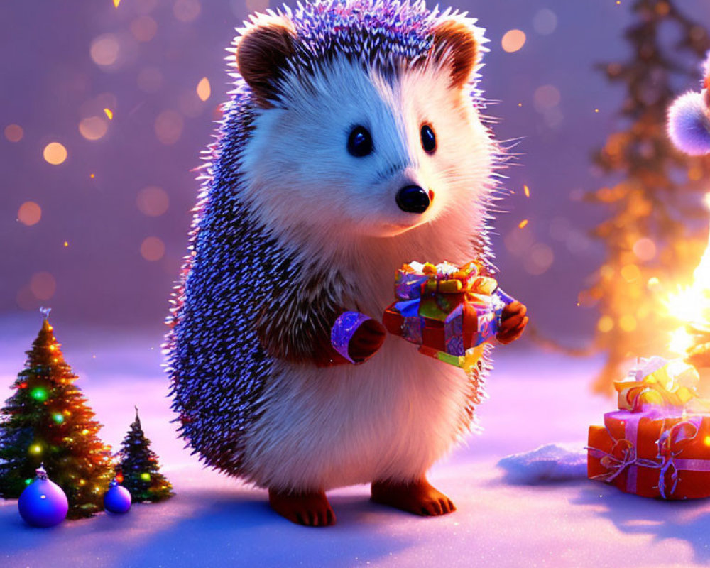 Adorable hedgehog in snowy scene with gift and Christmas decor