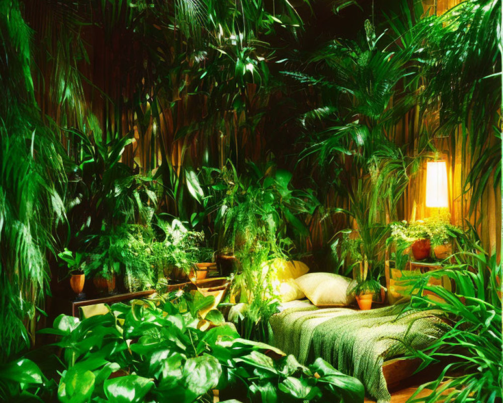 Botanical sanctuary room with green plants and cozy bed