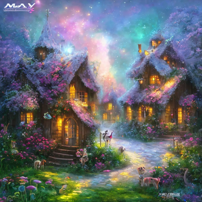 Twilight village scene with starry sky, cottages, flowers, deer, mushrooms