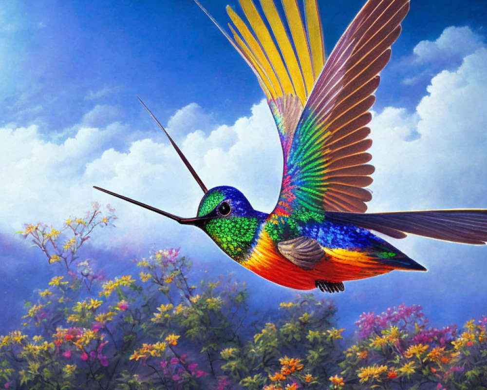 Colorful hummingbird flying among pink and purple flowers on blue background