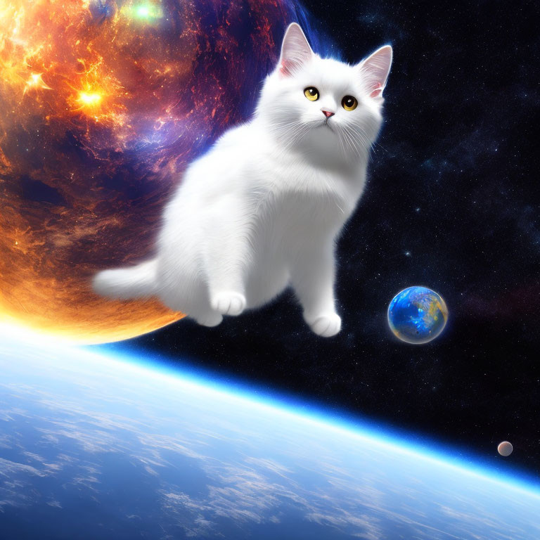 White Cat Floating Among Celestial Bodies and Planets in Space