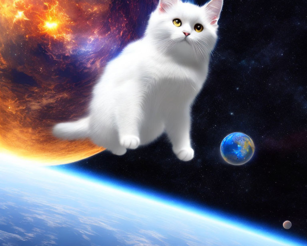 White Cat Floating Among Celestial Bodies and Planets in Space