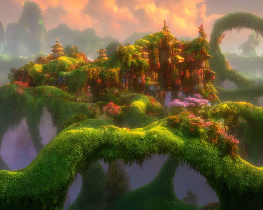 Fantastical landscape with lush greenery, whimsical hills, vibrant flowers, and ancient buildings.